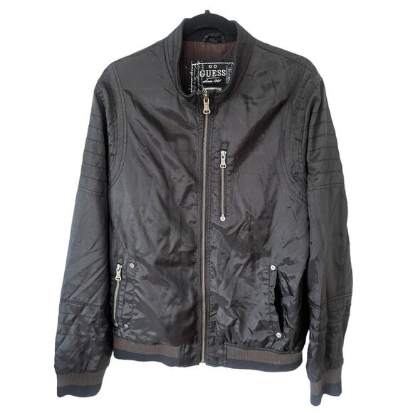 Guess Mens Windbreaker‎ Jacket Black Zip Up Moto Nylon Cotton Lined Size Large - Picture 1 of 16